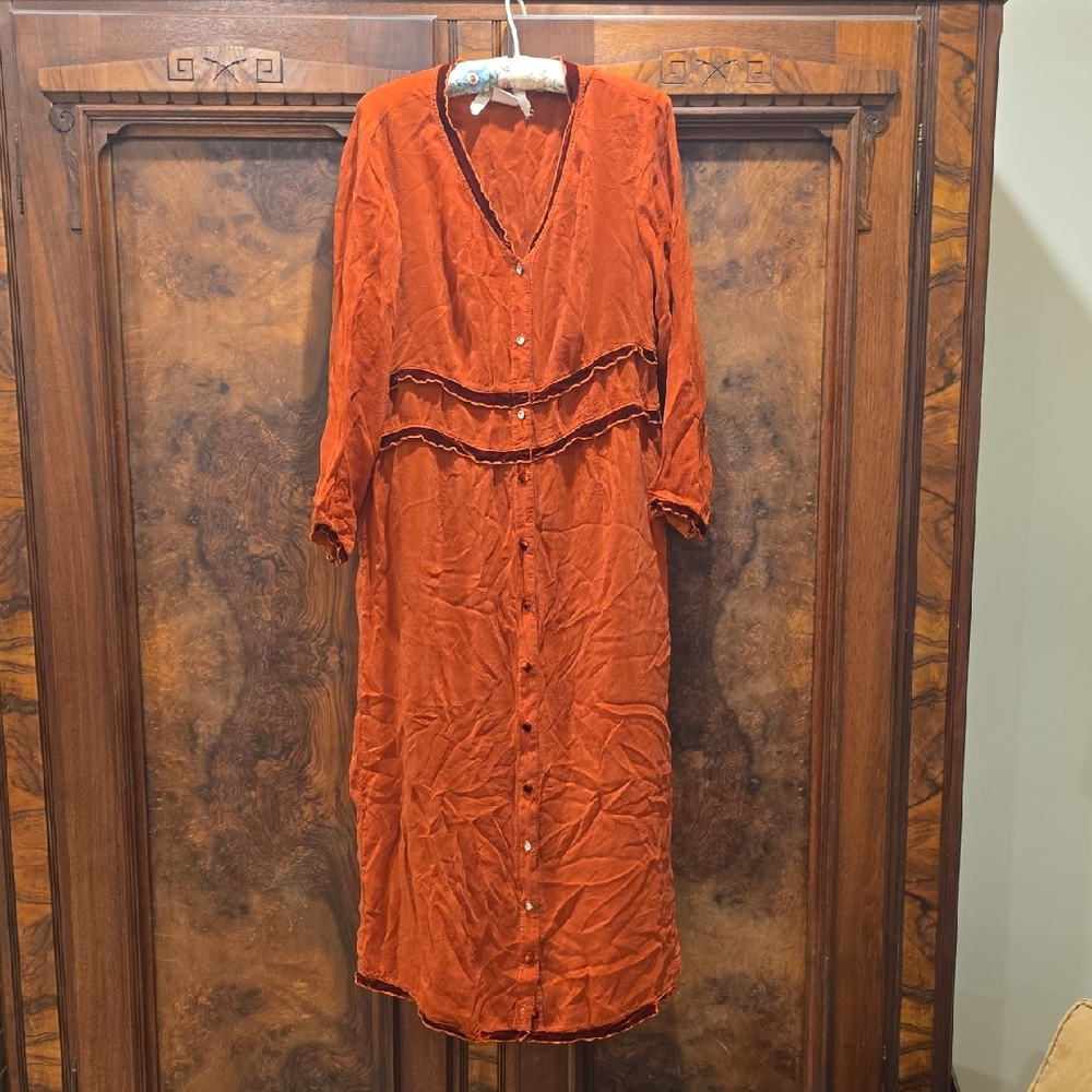 Johnny Was Rust Long Sleeve Button-Down Dress, XL, Rayon/Velvet Trim